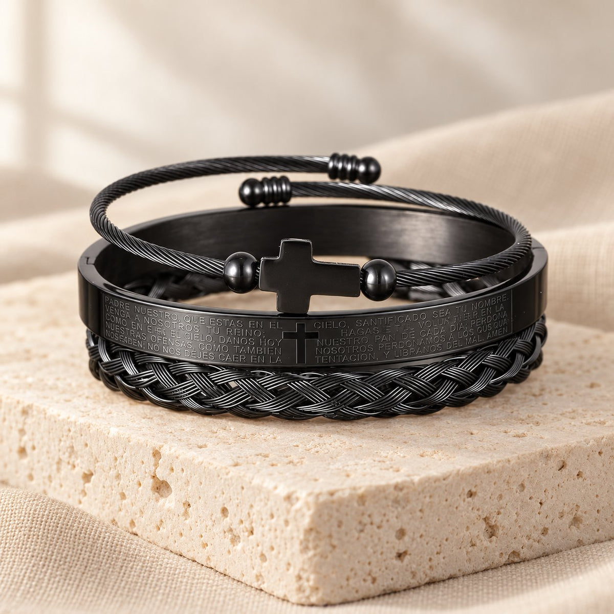 Layered Minimalist Style Spiral-Braid Cross & Lord's Prayer Bracelet