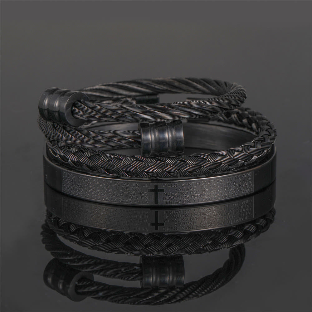 Pulsera de Cruz y Padre Nuestro Trenzada en Espiral Estilo Minimalista