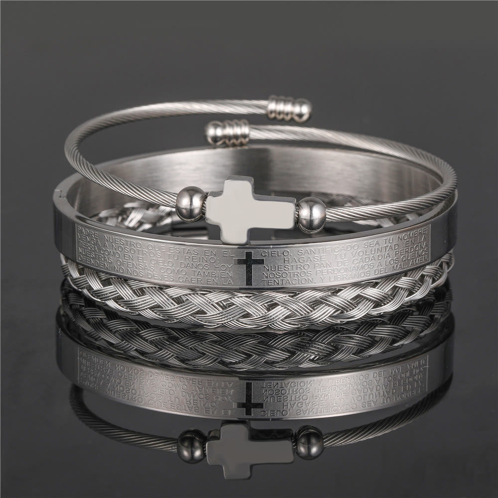 Pulsera de Cruz y Padre Nuestro Trenzada en Espiral Estilo Minimalista