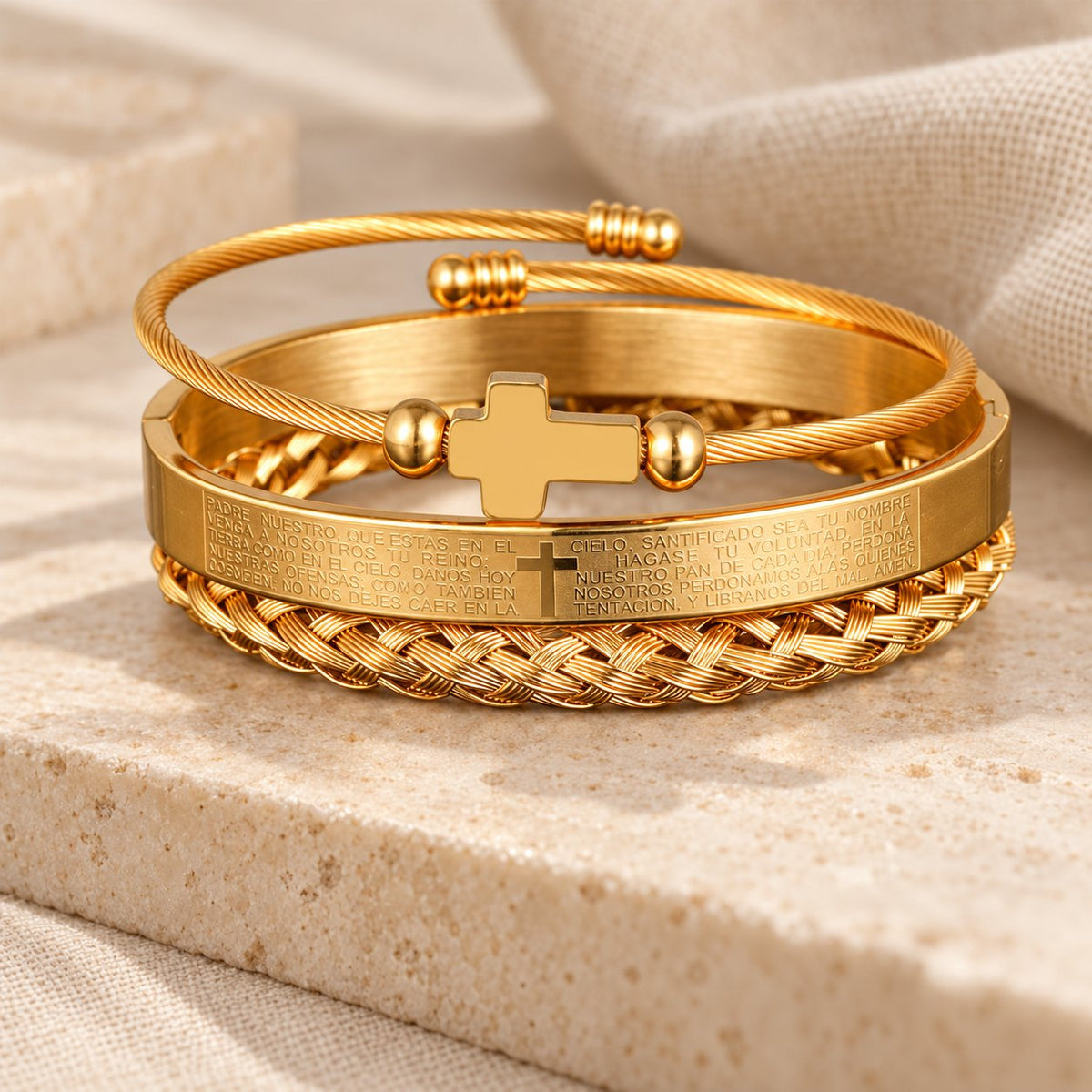 Layered Minimalist Style Spiral-Braid Cross & Lord's Prayer Bracelet
