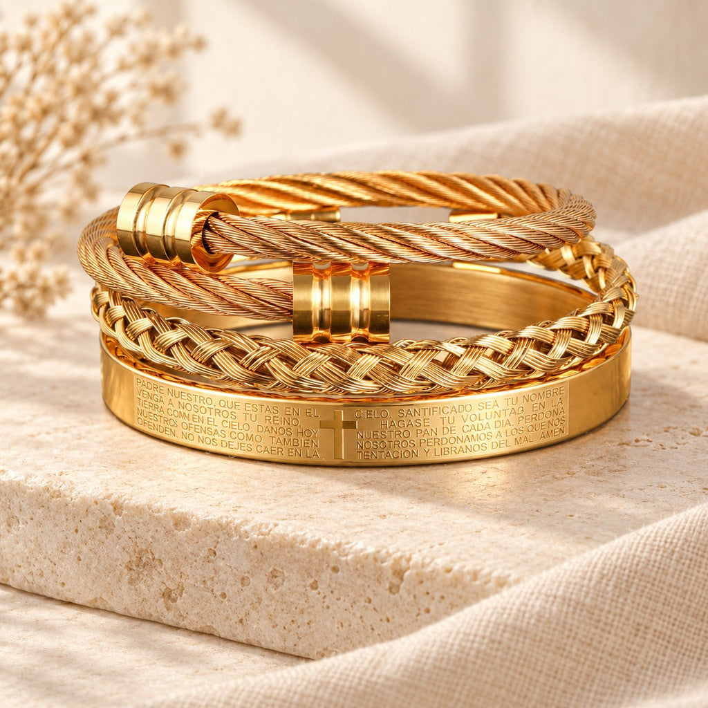 Layered Minimalist Style Spiral-Braid Cross & Lord's Prayer Bracelet