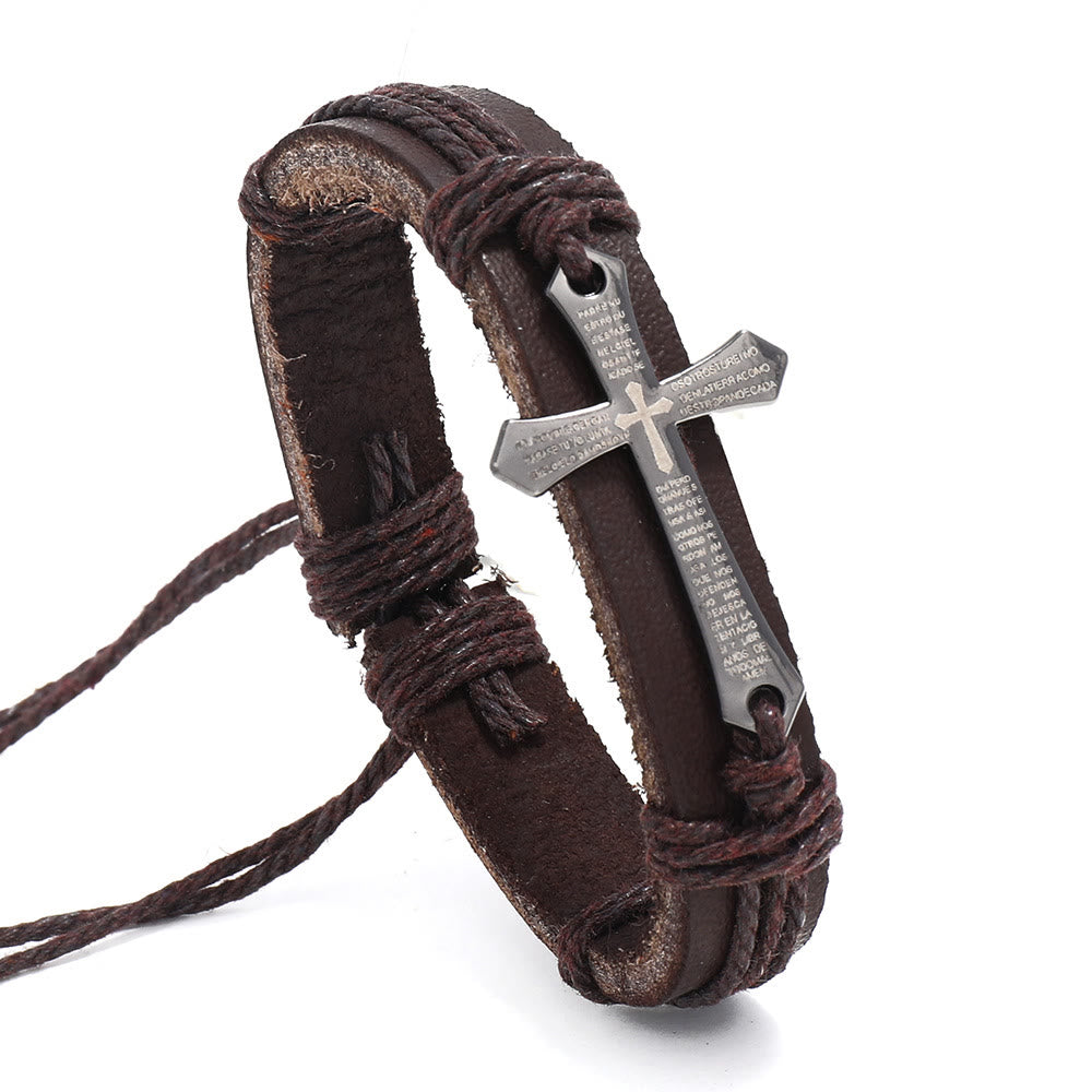Pulsera Envolvente Vintage con Nudo de Cruz y Escritura en Negro y Café