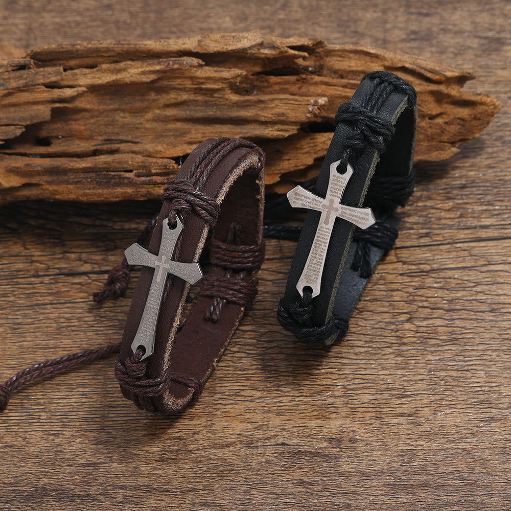 Pulsera Envolvente Vintage con Nudo de Cruz y Escritura en Negro y Café