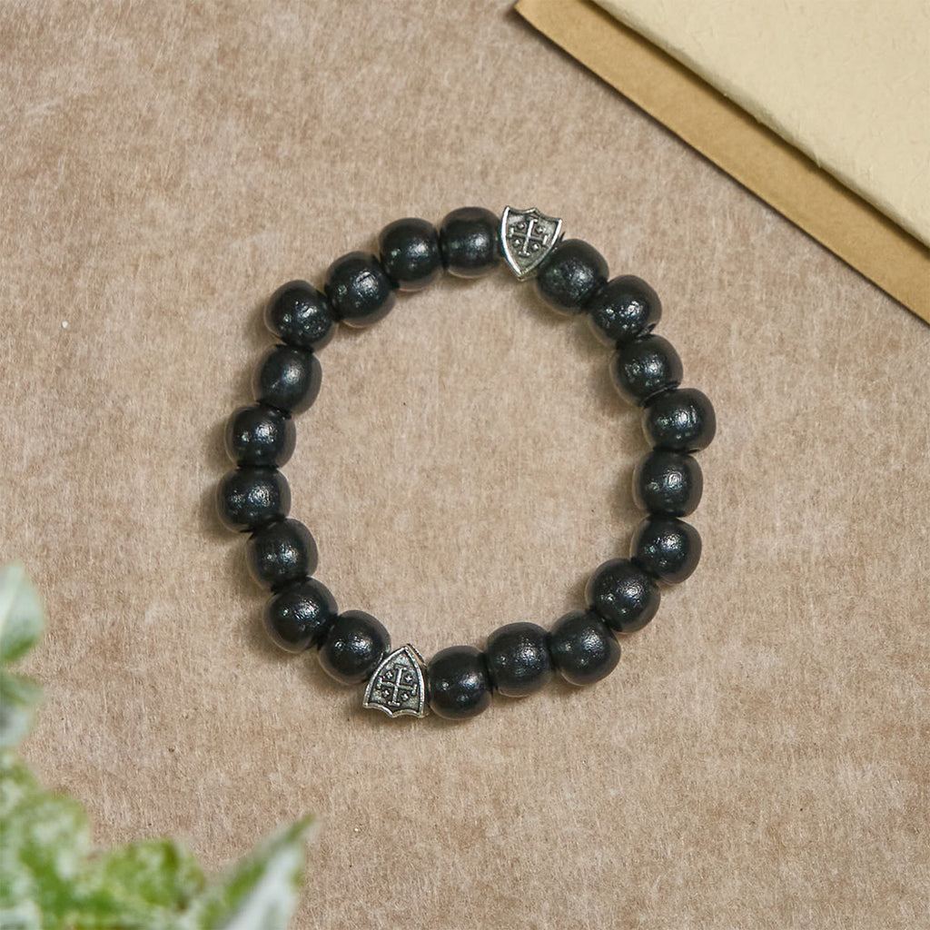 Pulsera Artesanal de Oración de Madera Negra con Doble Escudo Cruz de Jerusalén