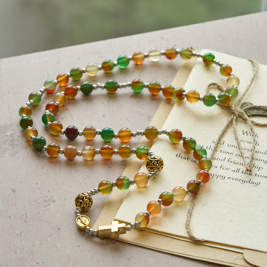 Pulsera Rosario Multicapa de Malaquita de Navidad con Cruz y Medalla