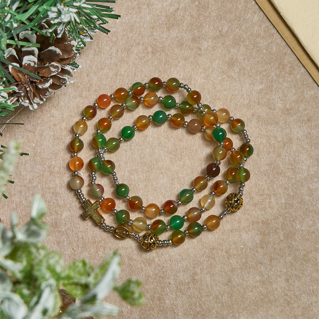 Pulsera Rosario Multicapa de Malaquita de Navidad con Cruz y Medalla