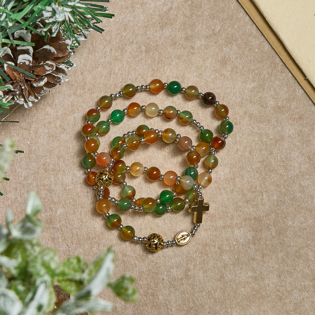 Pulsera Rosario Multicapa de Malaquita de Navidad con Cruz y Medalla