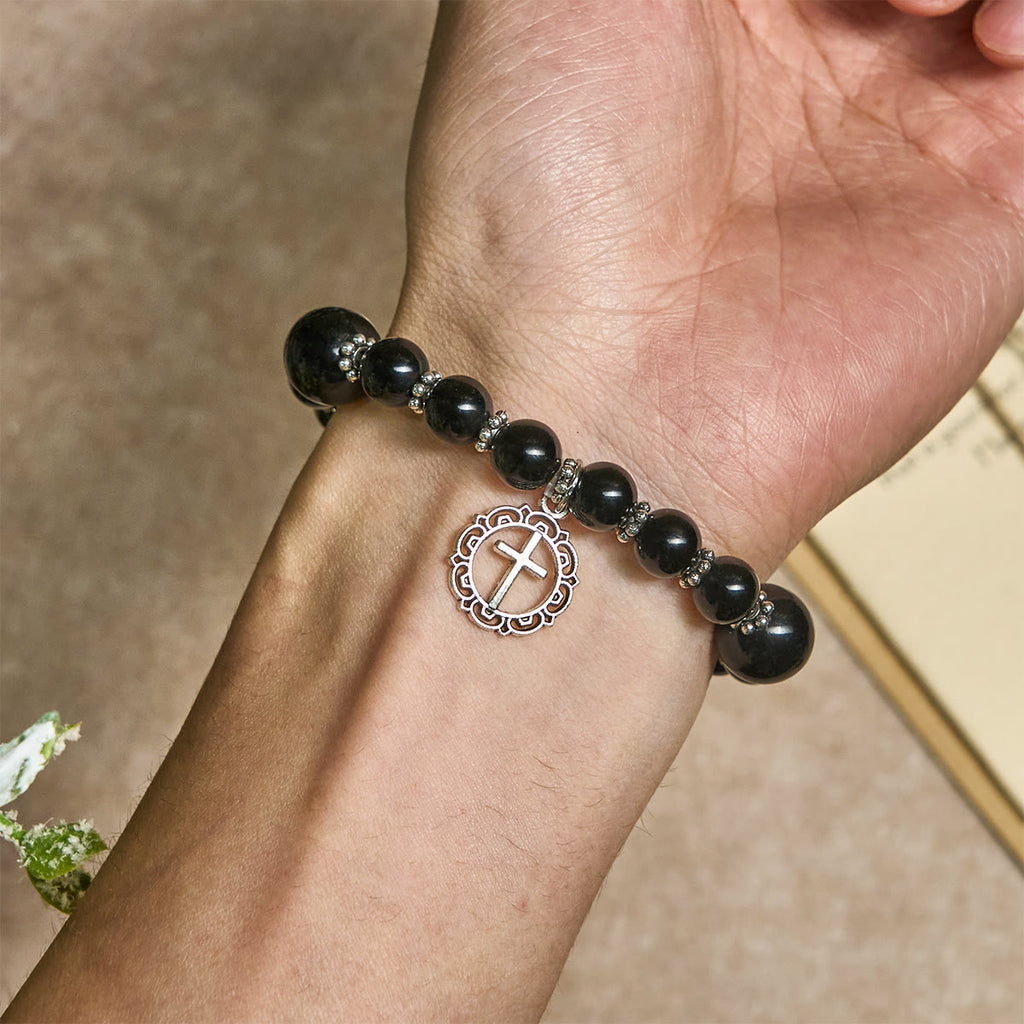 Pulsera de Obsidiana Negra "Armadura Espiritual" con Dije de Cruz: Ora sin Miedo