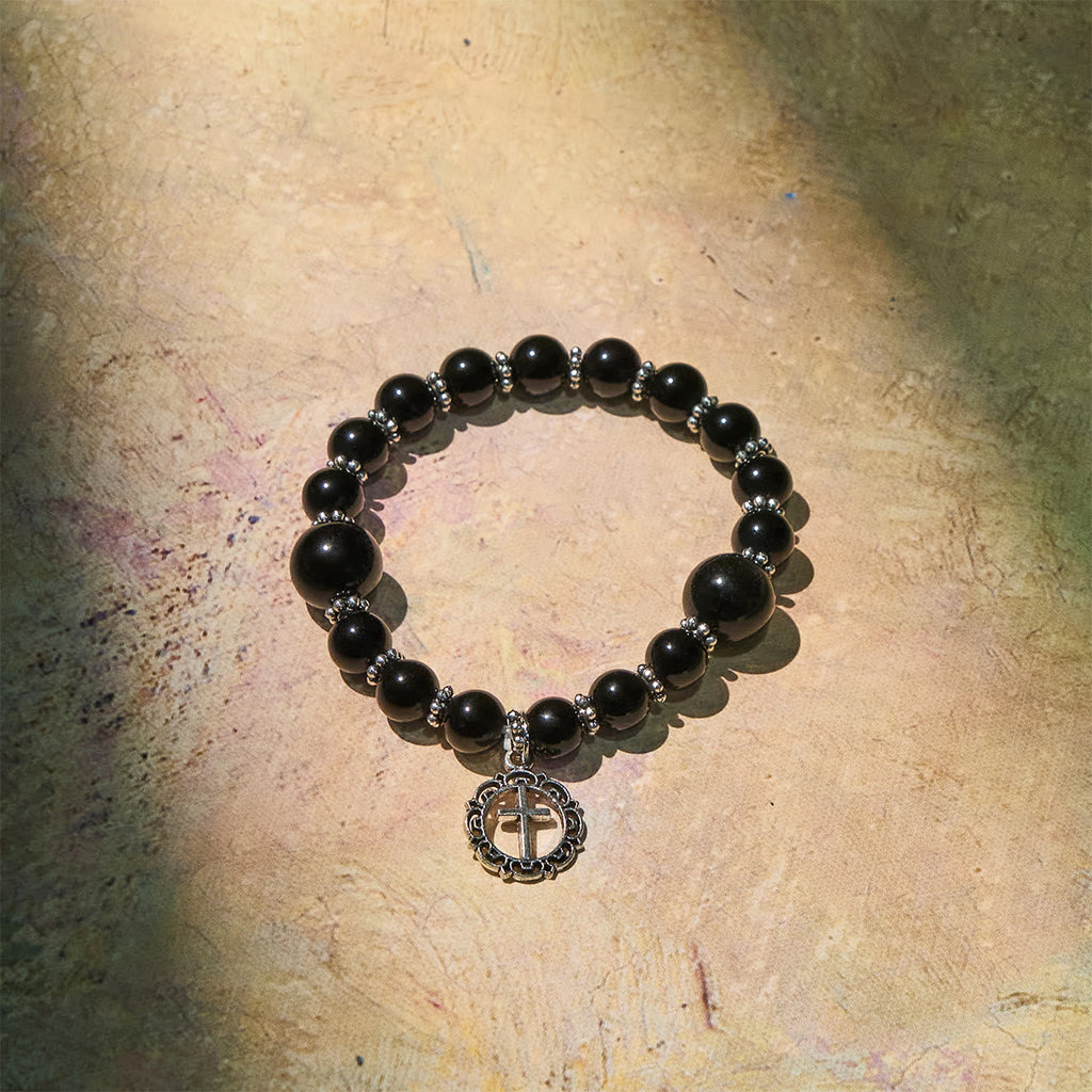 Pulsera de Obsidiana Negra "Armadura Espiritual" con Dije de Cruz: Ora sin Miedo