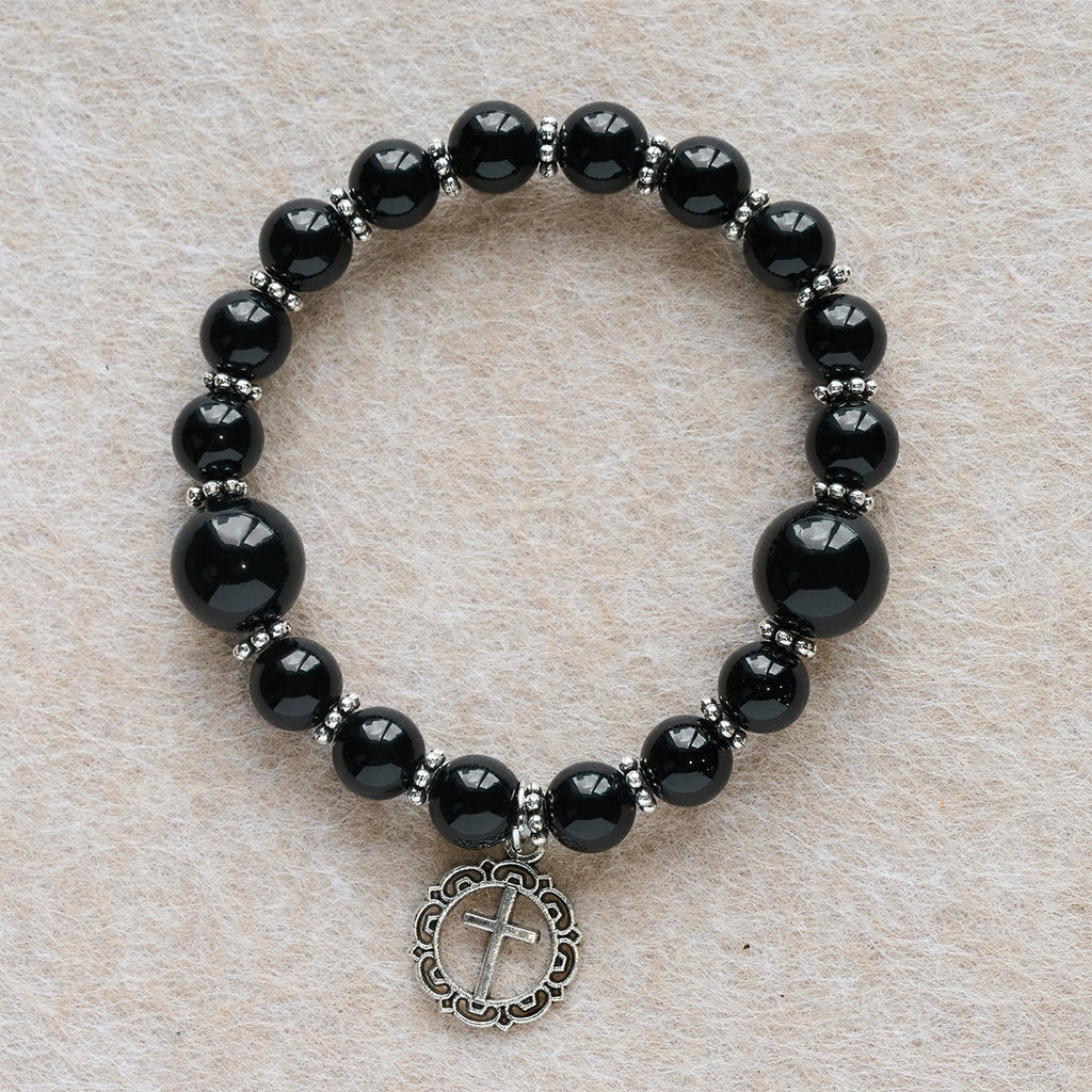 Pulsera de Obsidiana Negra "Armadura Espiritual" con Dije de Cruz: Ora sin Miedo