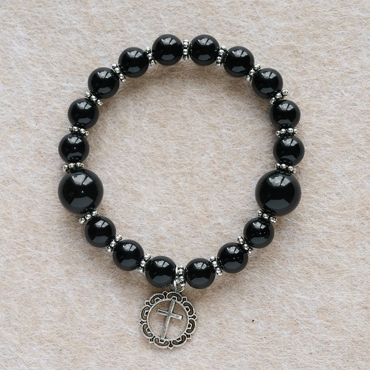 Pulsera de Obsidiana Negra "Armadura Espiritual" con Dije de Cruz: Ora sin Miedo