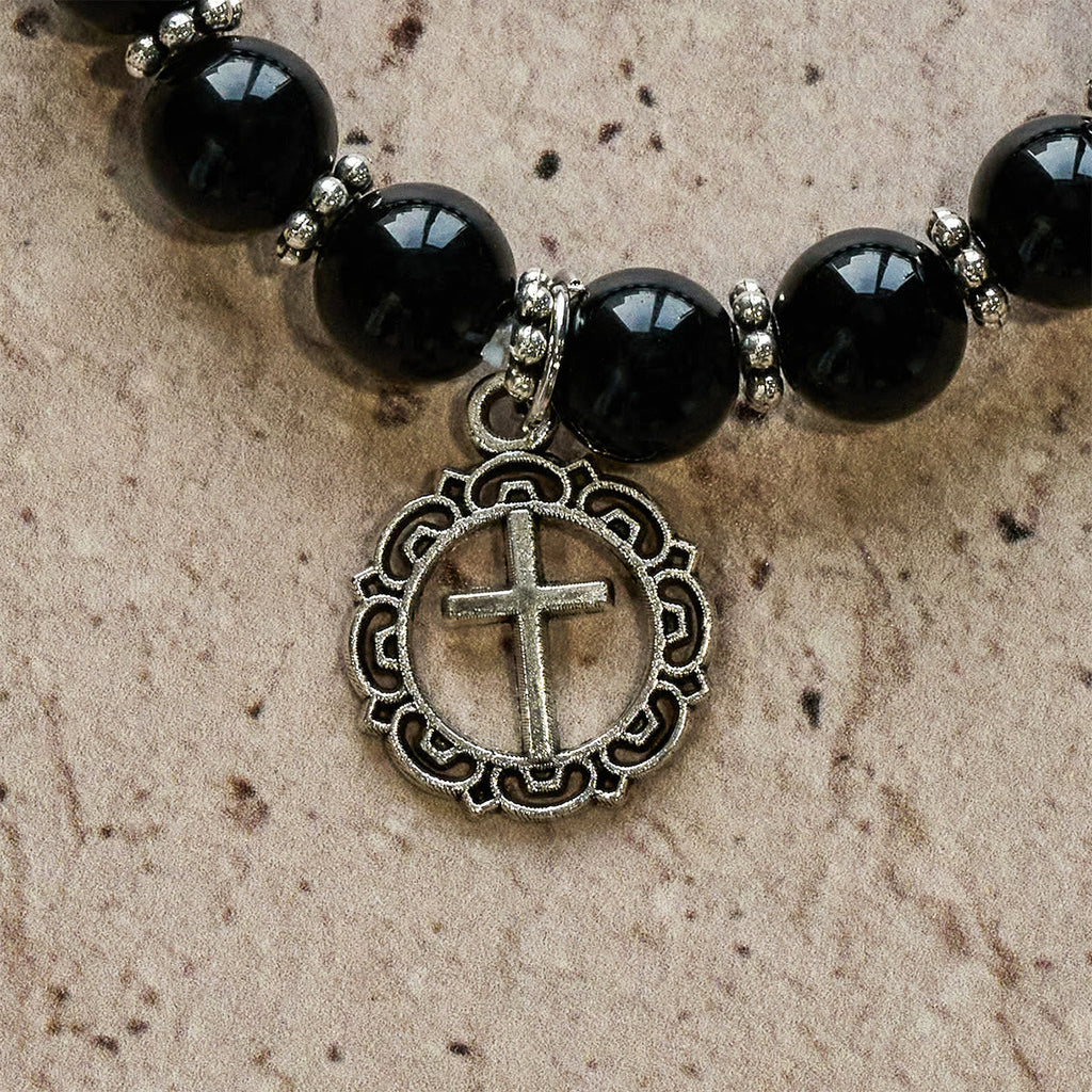 Pulsera de Obsidiana Negra "Armadura Espiritual" con Dije de Cruz: Ora sin Miedo