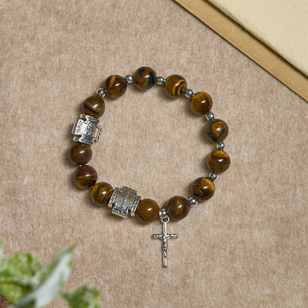 Pulsera de Ojo de Tigre "Valor en Cristo" con Dije de Cruz: Ora sin Miedo