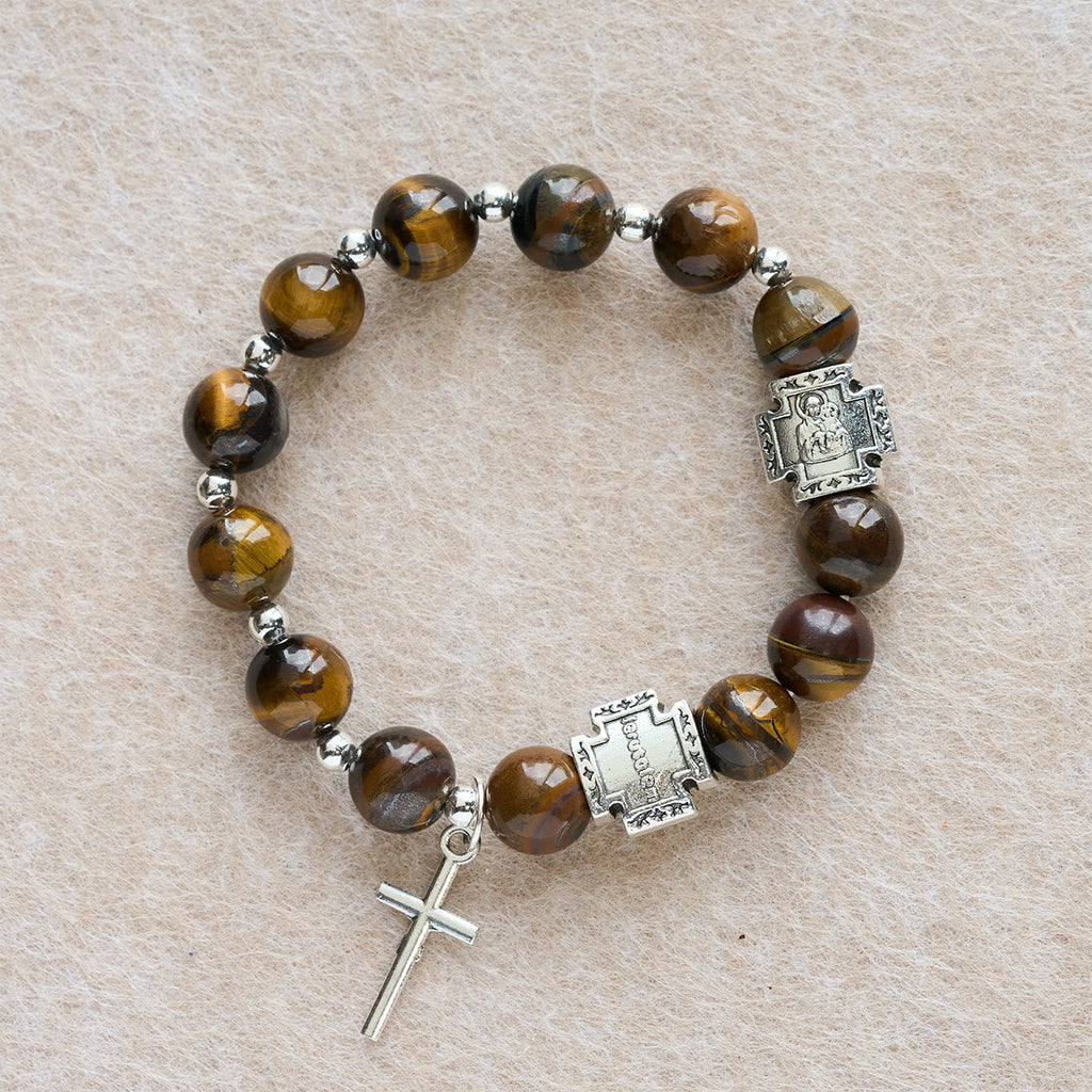 Pulsera de Ojo de Tigre "Valor en Cristo" con Dije de Cruz: Ora sin Miedo