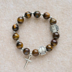 Pulsera de Ojo de Tigre "Valor en Cristo" con Dije de Cruz: Ora sin Miedo