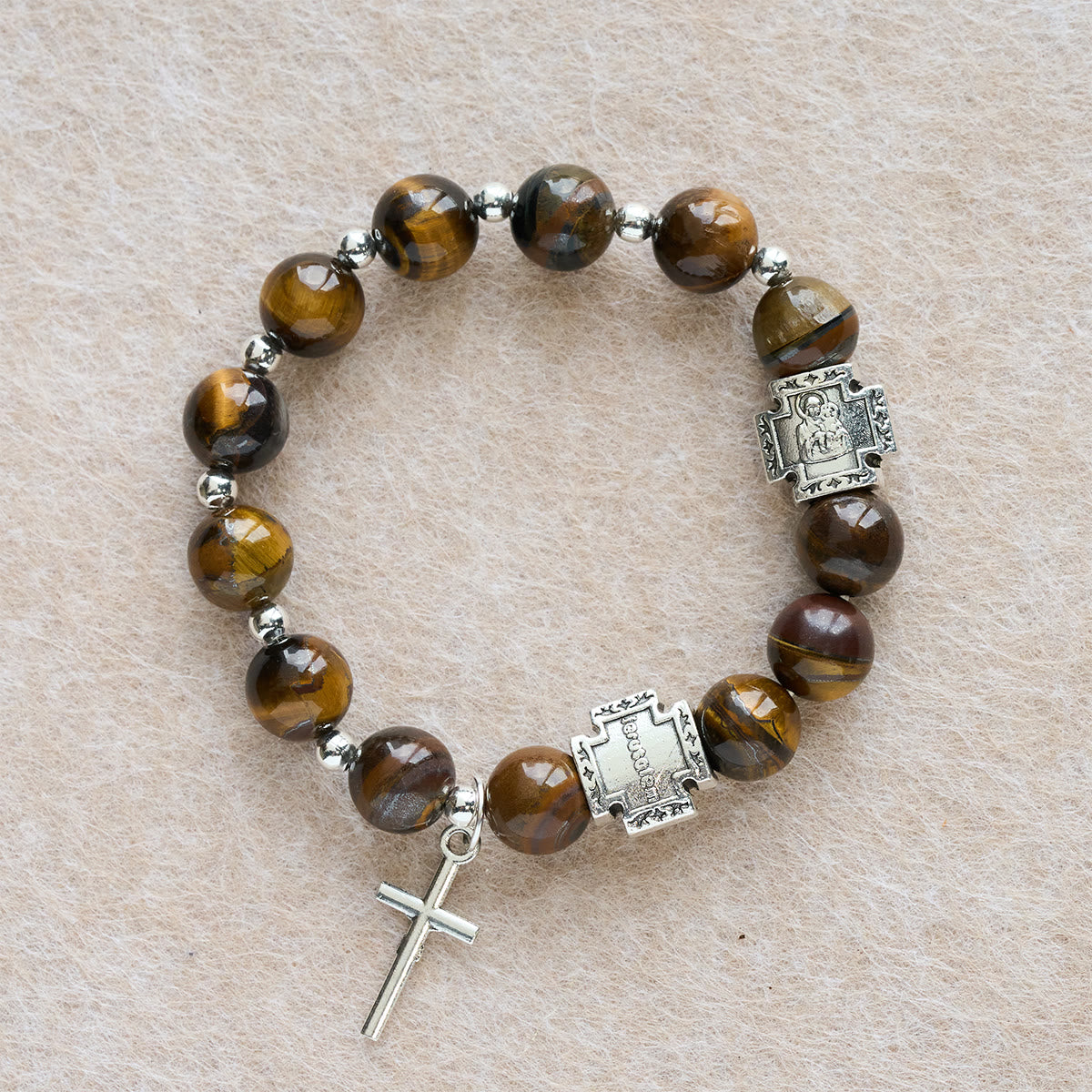 Pulsera de Ojo de Tigre "Valor en Cristo" con Dije de Cruz: Ora sin Miedo