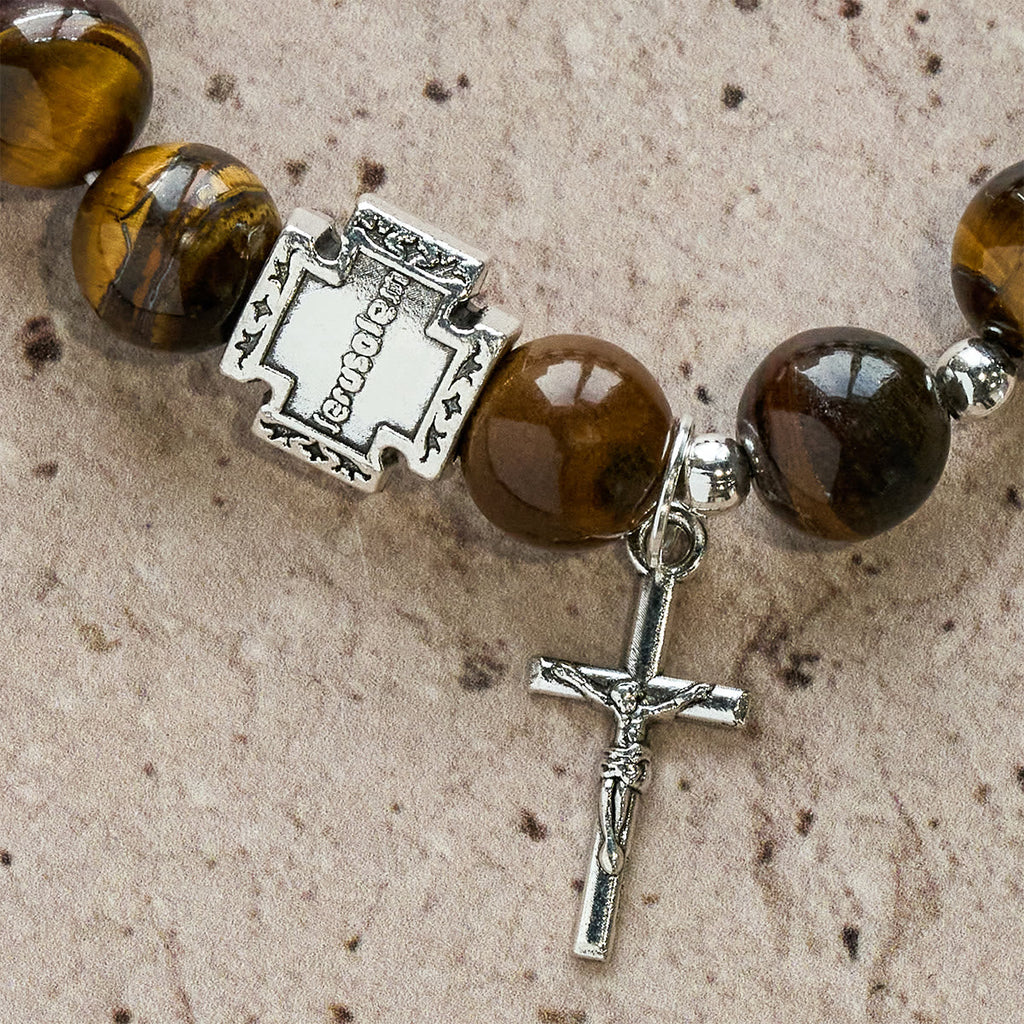 Pulsera de Ojo de Tigre "Valor en Cristo" con Dije de Cruz: Ora sin Miedo