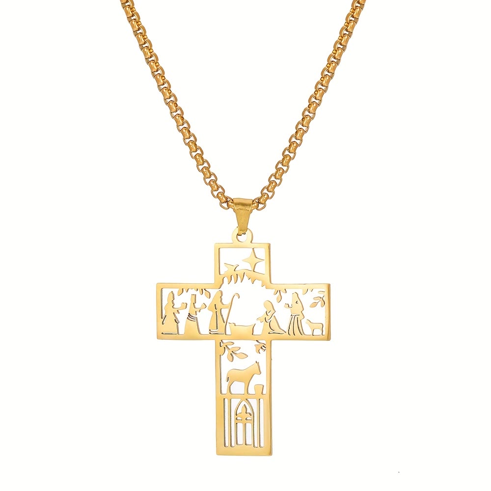 Collar de Cruz con Natividad Calada: Símbolo de Fe Eterna para Navidad