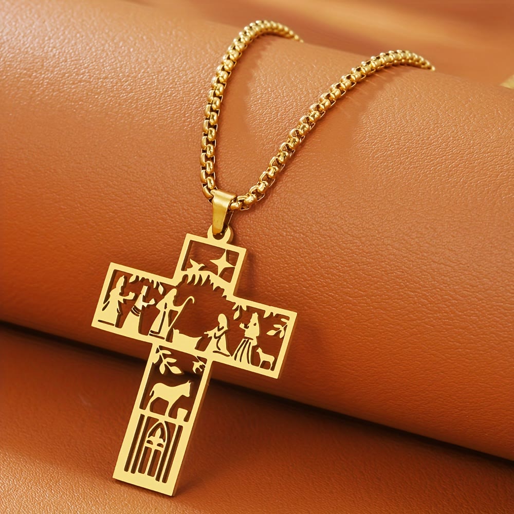 Collar de Cruz con Natividad Calada: Símbolo de Fe Eterna para Navidad