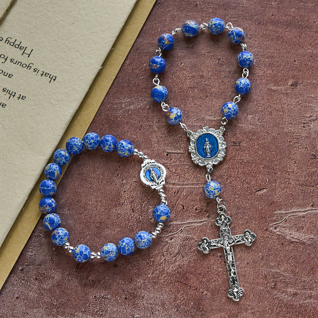 Rosario y Pulsera de Una Decena de Cuentas Azul Rey: Gracia Guiada por la Mano de María
