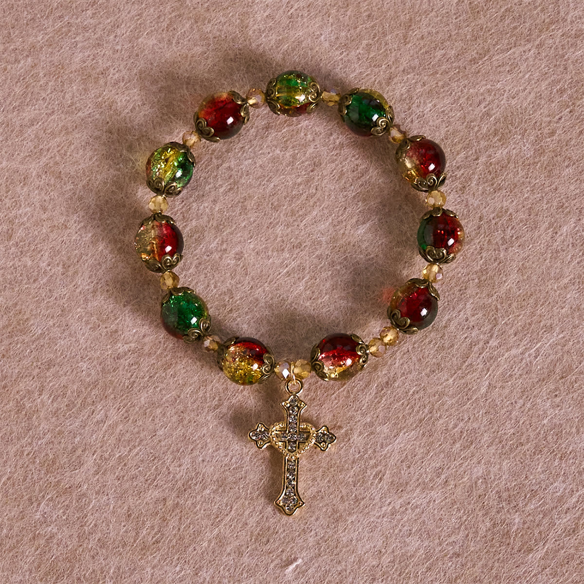 Pulsera de Cuentas de Cristal Rojo, Verde y Oro de Navidad: La Fe que Brilla