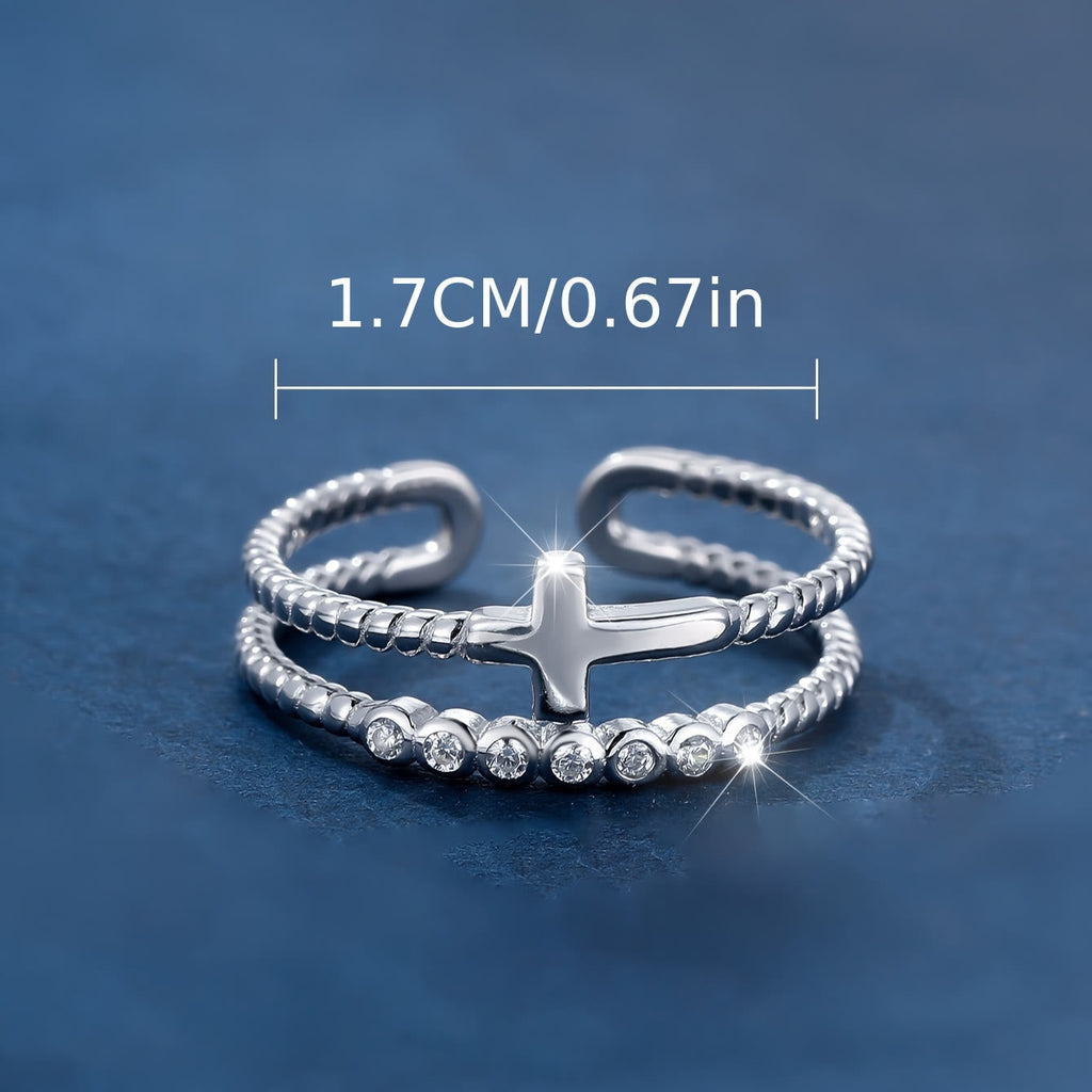 Anillo de Cruz de Doble Banda: Brillo de Circonia y Devoción de Fe para el Día a Día