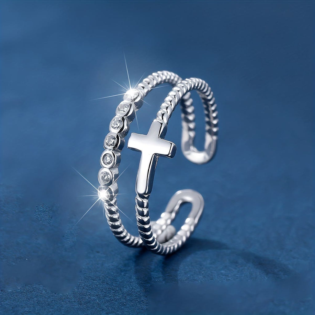 Anillo de Cruz de Doble Banda: Brillo de Circonia y Devoción de Fe para el Día a Día