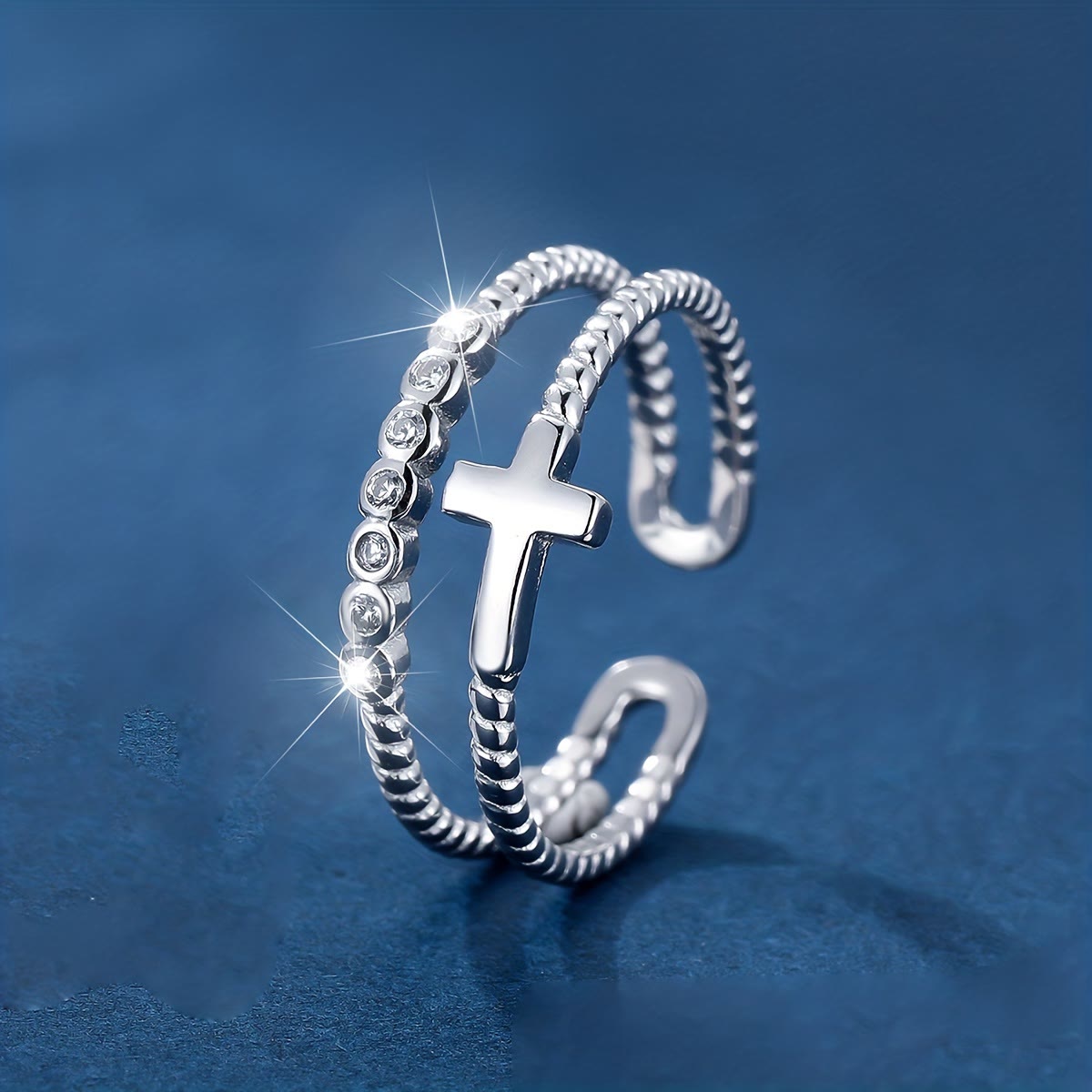 Anillo de Cruz de Doble Banda: Brillo de Circonia y Devoción de Fe para el Día a Día