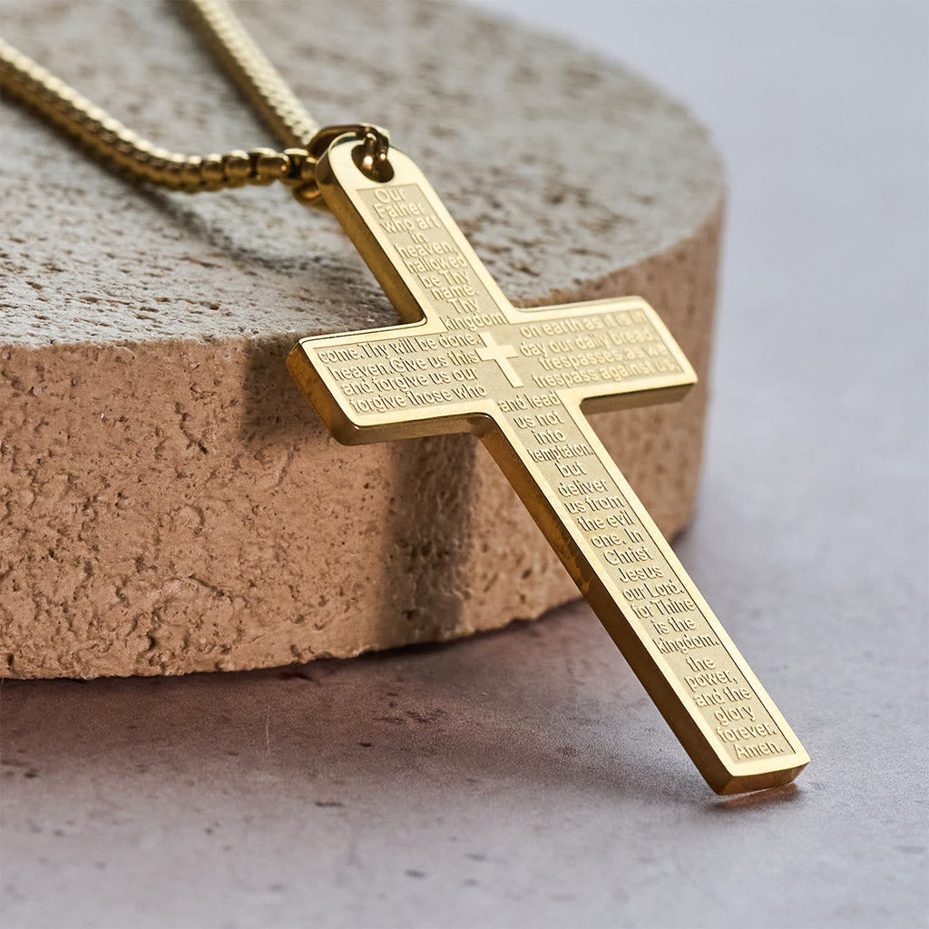 Collar de Acero Inoxidable con Dije de Cruz del Padre Nuestro