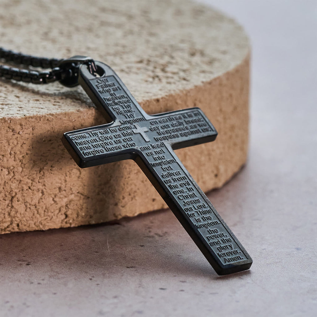 Collar de Acero Inoxidable con Dije de Cruz del Padre Nuestro