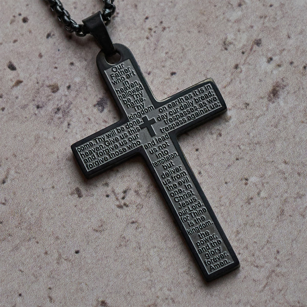 Collar de Acero Inoxidable con Dije de Cruz del Padre Nuestro