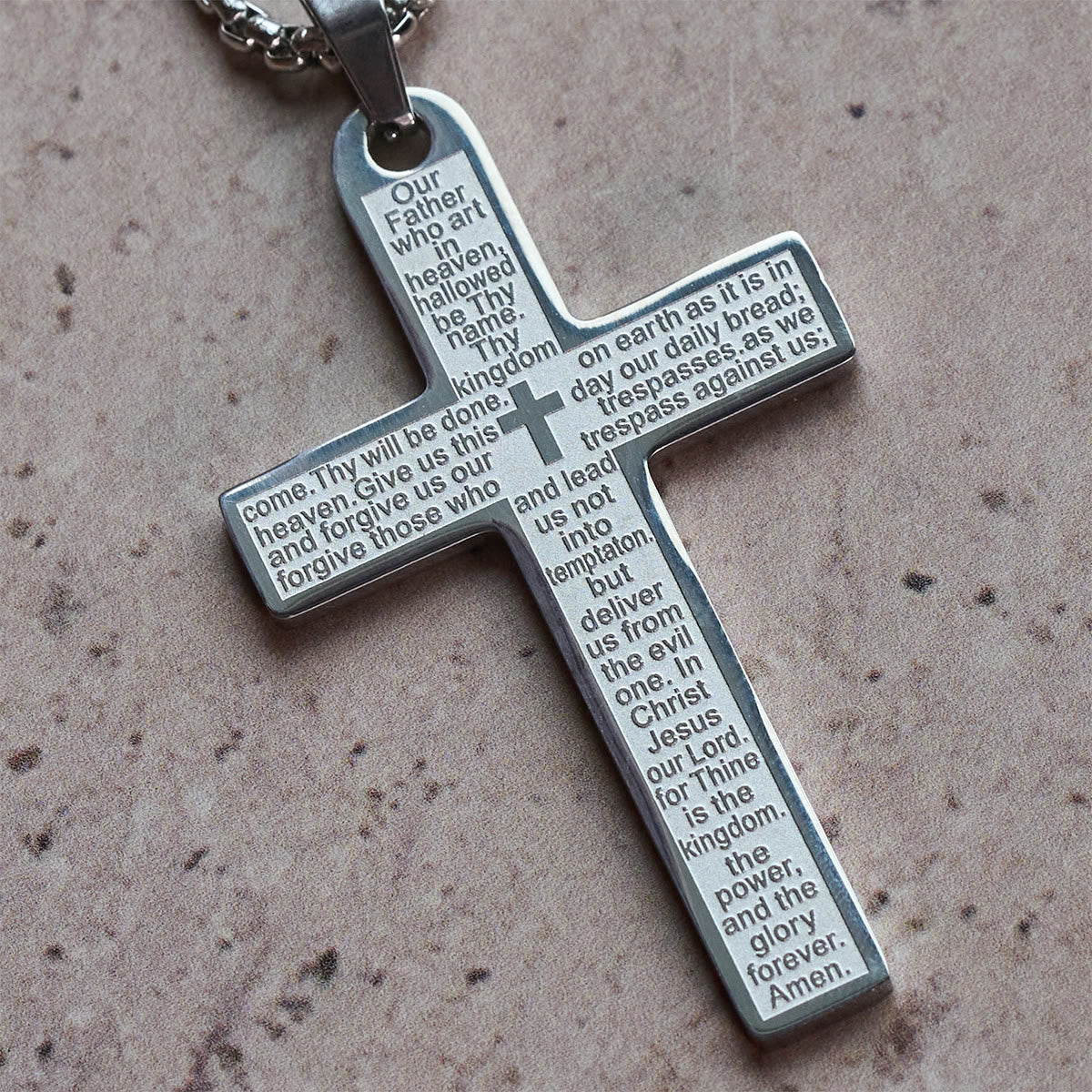 Collar de Acero Inoxidable con Dije de Cruz del Padre Nuestro