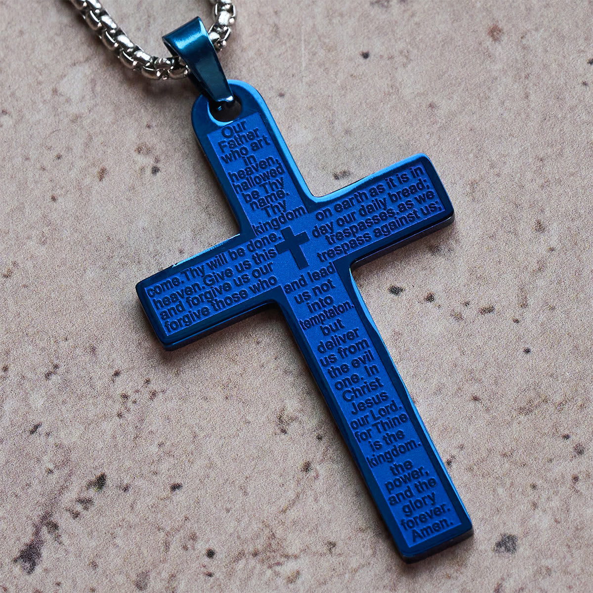 Collar de Acero Inoxidable con Dije de Cruz del Padre Nuestro