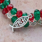 Pulsera Rosario de Alambre con Memoria Roja y Verde con Pez de JESÚS y Crucifijo