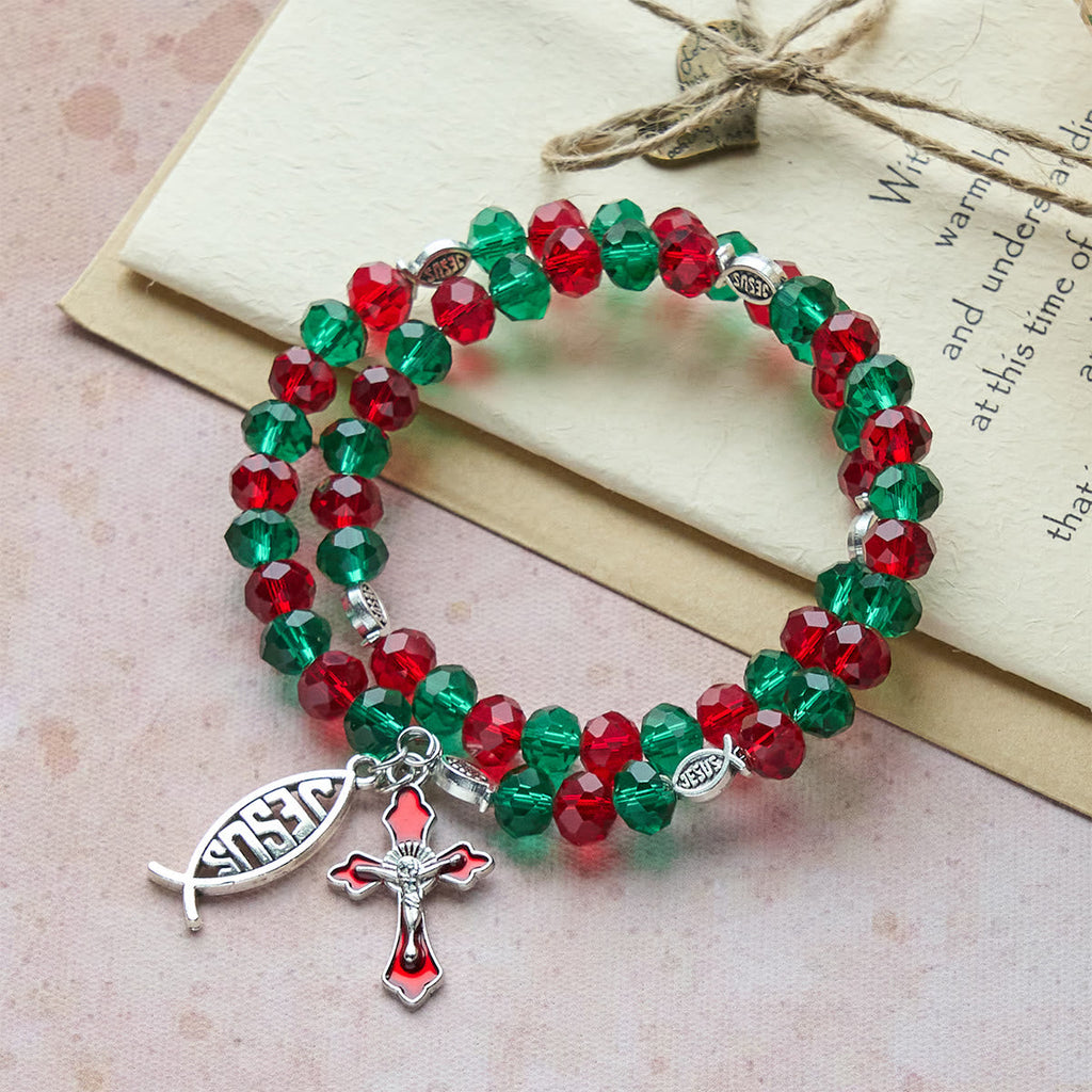 Pulsera Rosario de Alambre con Memoria Roja y Verde con Pez de JESÚS y Crucifijo