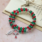 Pulsera Rosario de Alambre con Memoria Roja y Verde con Pez de JESÚS y Crucifijo