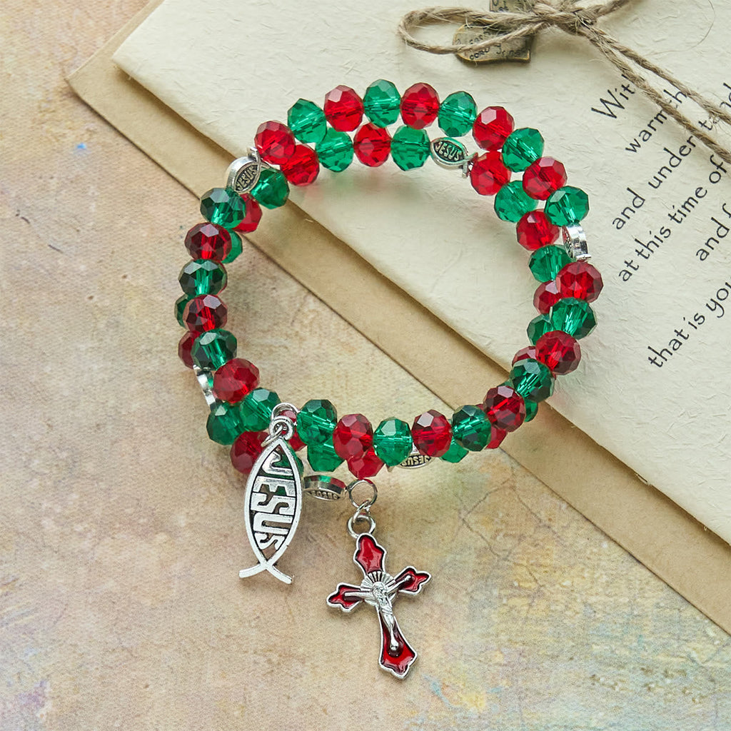 Pulsera Rosario de Alambre con Memoria Roja y Verde con Pez de JESÚS y Crucifijo