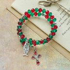Pulsera Rosario de Alambre con Memoria Roja y Verde con Pez de JESÚS y Crucifijo