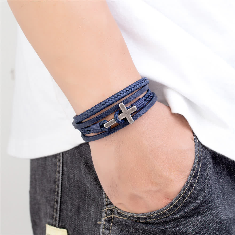 Pulsera de Moda Tricolor de Acero Inoxidable con Cruz y Cuero Trenzado