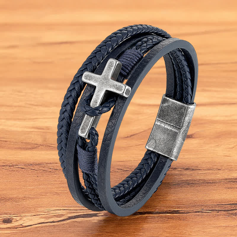 Pulsera de Moda Tricolor de Acero Inoxidable con Cruz y Cuero Trenzado