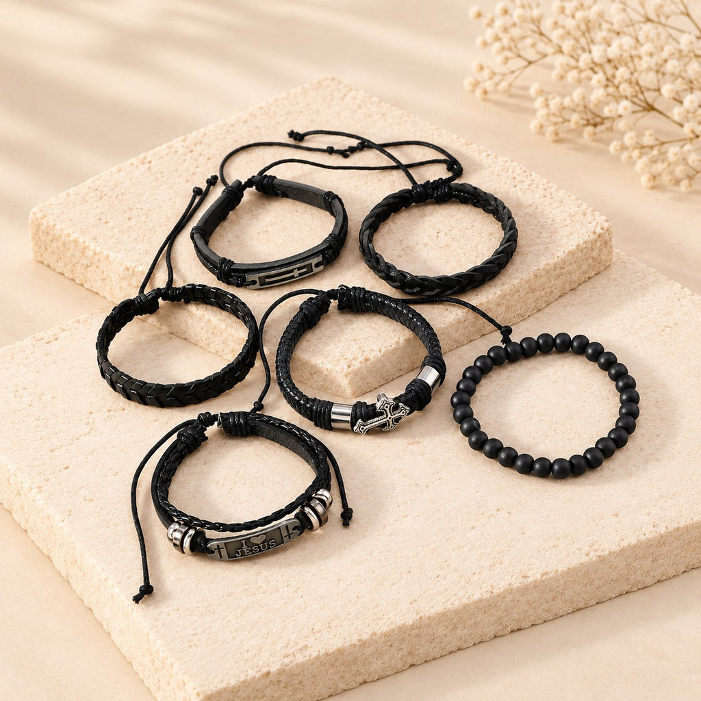 Faith-Driven Leather Bracelet Set of 6