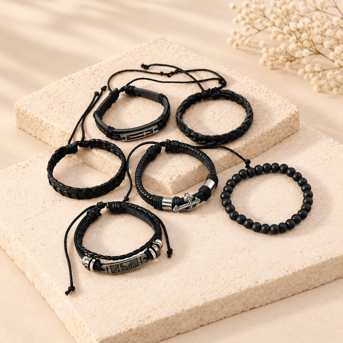 Faith-Driven Leather Bracelet Set of 6