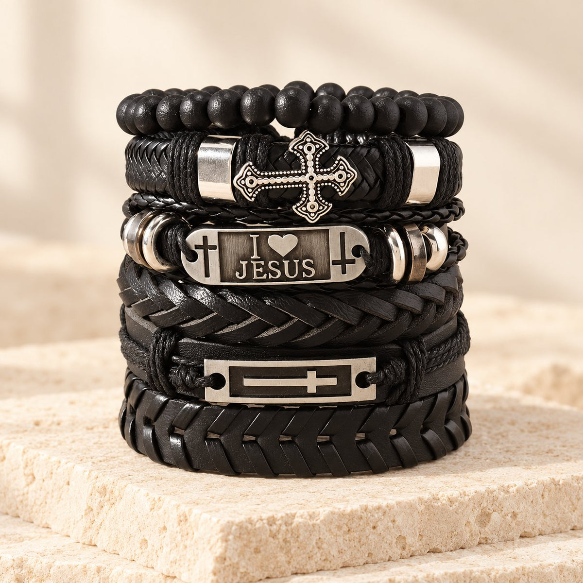 Faith-Driven Leather Bracelet Set of 6