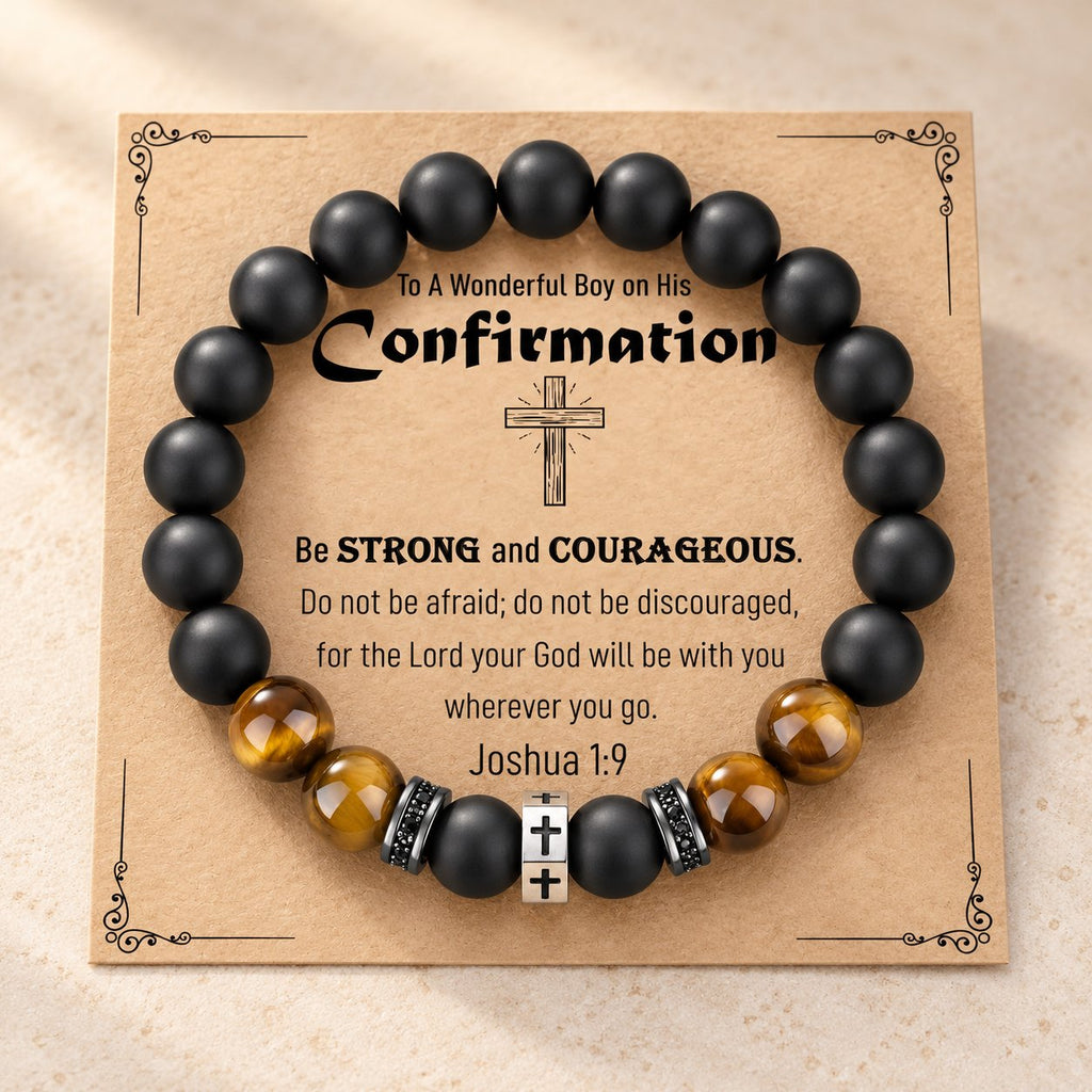 Cross Bracelet with Tiger's Eye, Black Onyx & CZ-Accented Stainless