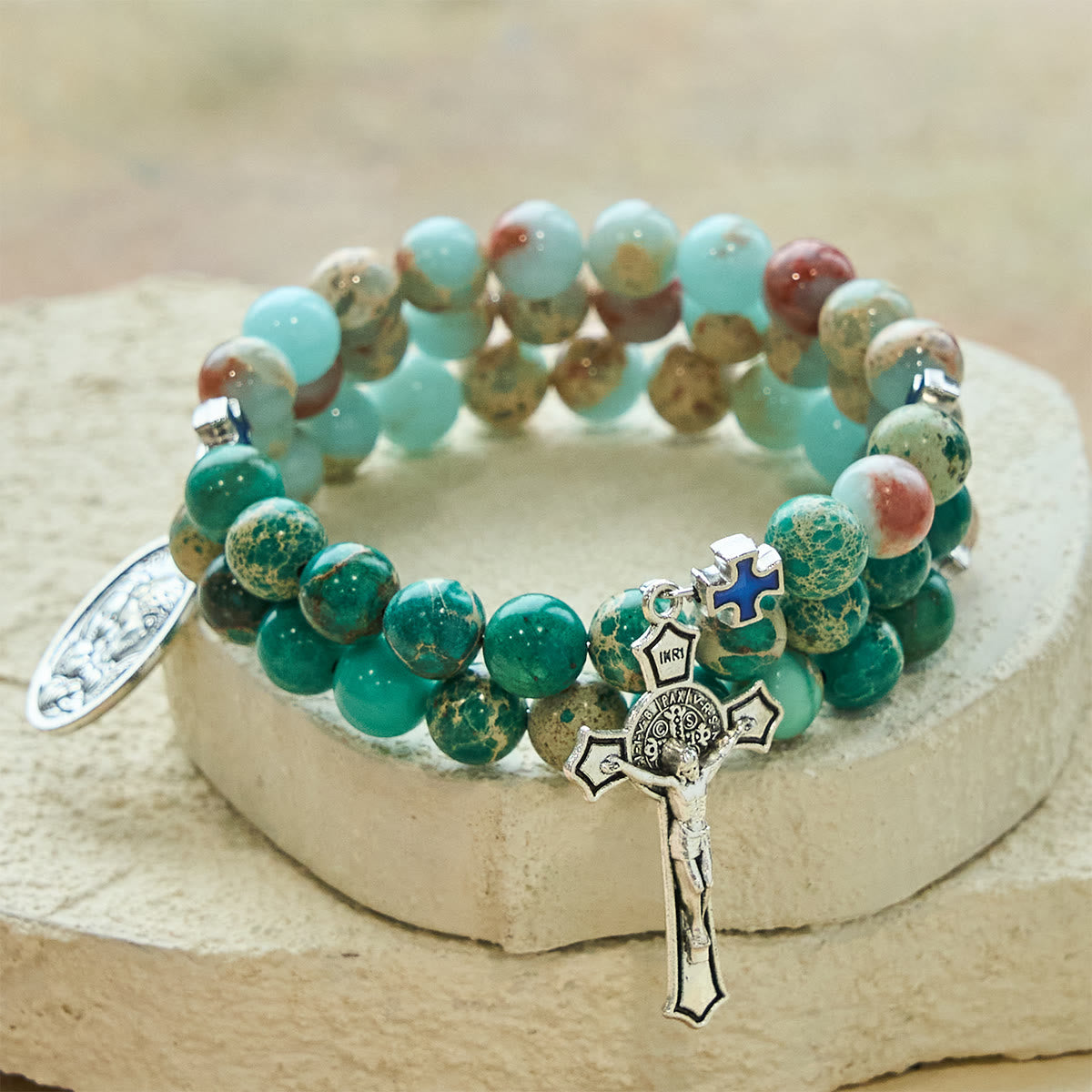 Pulsera Rosario de Piedra Shoushan y Piedra de Vetas Verdes: Devoción y Gracia Terrenal