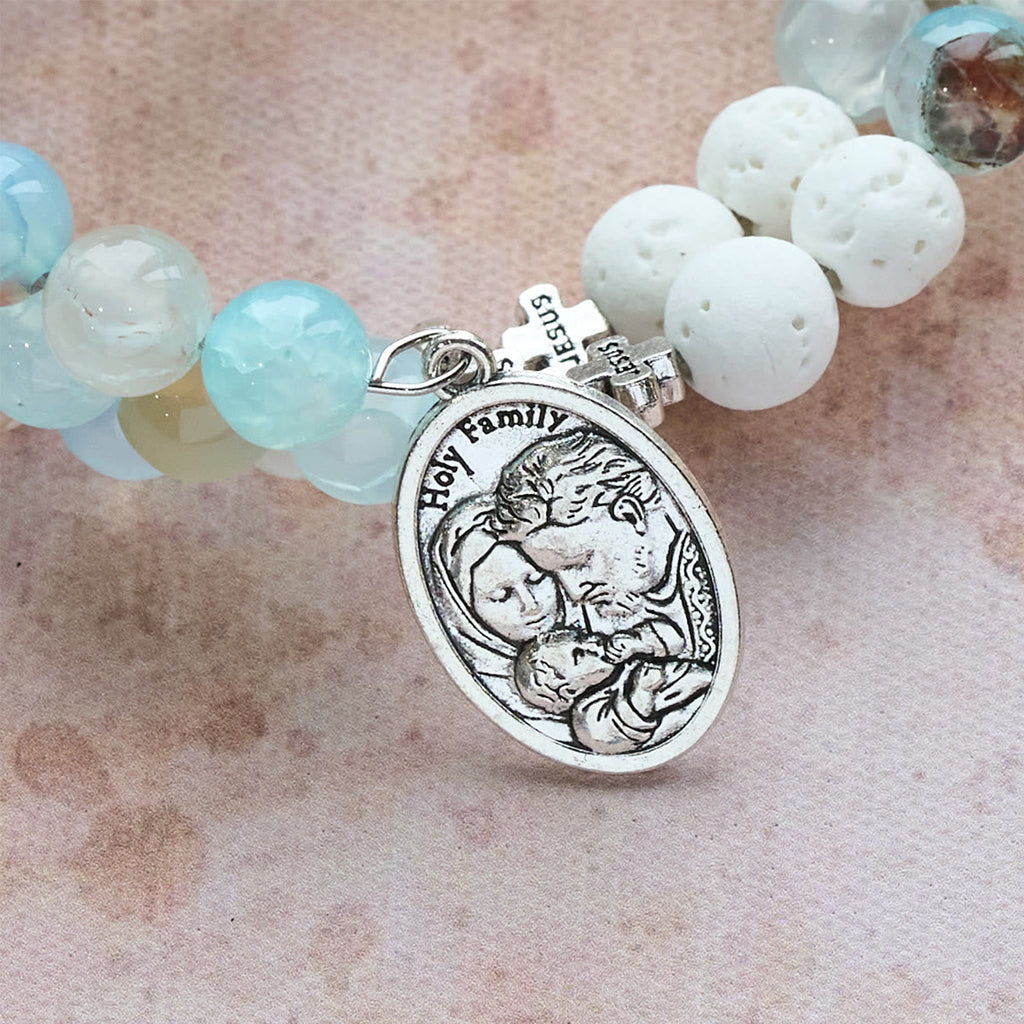 Pulsera Rosario de Yeso y Ágata de Vetas Azules: Devoción y Serenidad Celestial