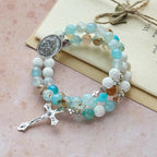 Pulsera Rosario de Yeso y Ágata de Vetas Azules: Devoción y Serenidad Celestial