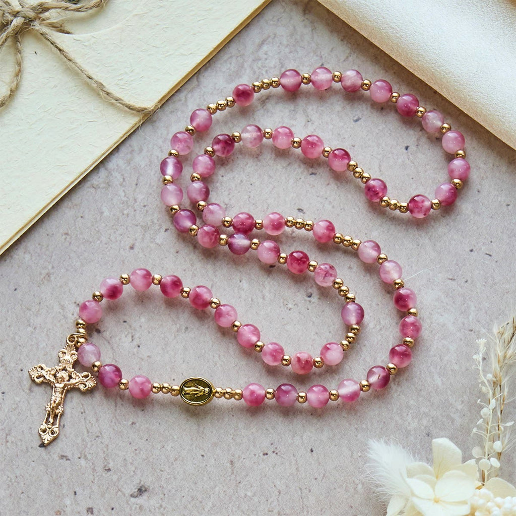 Pulsera Rosario de Cuentas de Ágata Rosa: Devoción y Elegancia Celestial