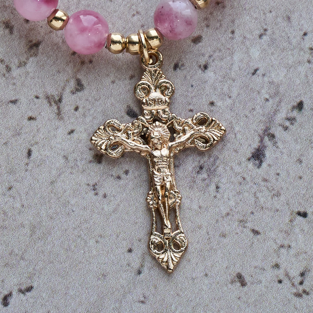 Pulsera Rosario de Cuentas de Ágata Rosa: Devoción y Elegancia Celestial