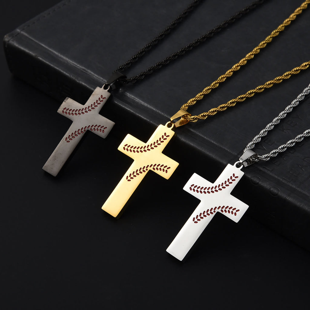 Collar de Cruz con Costura de Béisbol: Devoción Atlética y Frase Inspiradora